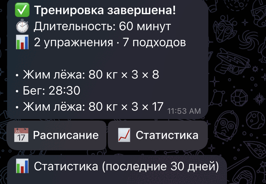 Карточка завершённой тренировки: длительность 60 минут, 2 упражнения, 7 подходов, разбор по каждому упражнению